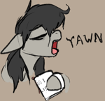 Size: 392x380 | Tagged: safe, artist:sleepyhoers, octavia melody, earth pony, pony, g4, bags under eyes, brown background, coffee, coffee mug, eyes closed, female, lowres, mare, mug, open mouth, simple background, solo, tired, yawn