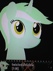 Size: 768x1024 | Tagged: safe, artist:torin17, photographer:torin17, lyra heartstrings, pony, unicorn, g4, my little pony: friendship is magic, black background, call of duty, call of duty: black ops 2, emblem, emblem editor, female, green coat, green mane, horn, looking up, mare, simple background, smiling, solo, xbox 360, yellow eyes