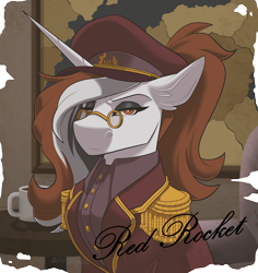 Size: 2832x3000 | Tagged: safe, artist:parrpitched, oc, oc only, oc:red rocket, unicorn, eaw redux, equestria at war mod, clothes, glasses, hat, horn, photo, ponytail, suit, uniform, uniform hat