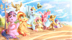 Size: 4000x2250 | Tagged: safe, artist:phoenixrk49, angel bunny, applejack, fluttershy, gummy, lyra heartstrings, opalescence, owlowiscious, pinkie pie, rainbow dash, rarity, sunset shimmer, tank, twilight sparkle, winona, alligator, bird, cat, dog, earth pony, owl, pegasus, pony, rabbit, tortoise, unicorn, g4, alternate mane seven, animal, book, female, high res, holding hooves, horn, looking up, male, mane six, mare, open mouth, open smile, party cannon, smiling, sparkles, unicorn twilight