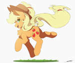 Size: 3000x2500 | Tagged: safe, artist:skitsroom, applejack, earth pony, pony, g4, chest fluff, cute, eyebrows, eyebrows visible through hair, female, high res, jackabetes, mare, open mouth, open smile, prancing, signature, simple background, smiling, solo, white background