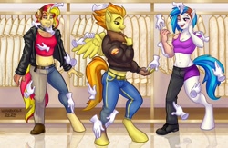 Size: 1586x1035 | Tagged: safe, artist:hornbuckle, dj pon-3, spitfire, sunset shimmer, vinyl scratch, human, pegasus, unicorn, anthro, unguligrade anthro, g4, boutique, clothes, female, hand, horn, human to anthro, indoors, magic, magic hands, smiling, transformation, transforming clothes, trio