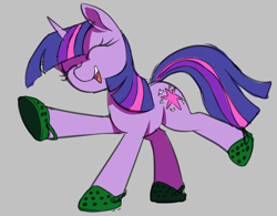 Size: 914x712 | Tagged: safe, artist:thebatfang, twilight sparkle, pony, unicorn, g4, crocs, cute, dancing, do the sparkle, eyes closed, female, gray background, horn, mare, open mouth, open smile, raised hoof, raised leg, simple background, smiling, solo, standing on two hooves, twiabetes, twilight crockle, unicorn twilight