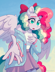 Size: 2082x2722 | Tagged: safe, artist:skysorbett, oc, oc only, oc:sky sorbet, pegasus, anthro, anthro oc, clothes, female, looking at you, offering hand, outstretched arms, pegasus oc, solo, wings, worried