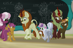 Size: 3000x2000 | Tagged: safe, artist:maslivka, autumn blaze, button mash, cheerilee, cinder glow, scootaloo, silver spoon, summer flare, sweetie belle, earth pony, kirin, nirik, pegasus, pony, unicorn, g4, chalkboard, classroom, curious, female, filly, foal, grin, high res, horn, mare, ponyville schoolhouse, smiling, spread wings, wings