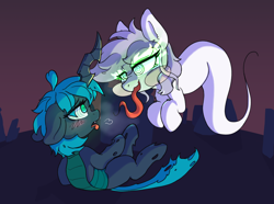 Size: 3000x2228 | Tagged: safe, artist:zzzsleepy, oc, oc only, oc:changeling filly anon, oc:chanter, changeling, ghost, undead, g4, blush sticker, blushing, female, filly, foal, glowing, glowing eyes, gravestone, graveyard, hypnosis, hypnotized, long tongue, lying down, panting, tongue out, wavy mouth