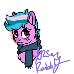 Size: 575x577 | Tagged: safe, artist:arsonrabbit, oc, oc only, oc:frigid flower, earth pony, pony, g4, blue hair, blue mane, chest fluff, clothes, digital art, earth pony oc, freckles, looking at you, male, pink coat, red eyes, scarf, signature, simple background, solo, stallion, tail, white background