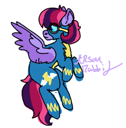 Size: 482x490 | Tagged: safe, artist:arsonrabbit, oc, oc only, oc:featherbrain, bird, pegasus, pony, g4, clothes, digital art, female, flying, mare, pegasus oc, pink hair, pink mane, pink tail, purple coat, signature, simple background, solo, tail, uniform, white background, wings, wonderbolts, wonderbolts uniform