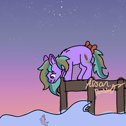 Size: 1024x1024 | Tagged: safe, artist:arsonrabbit, oc, oc only, oc:wetland bough, earth pony, fish, pony, g4, blue eyes, bow, cyan hair, cyan mane, cyan tail, digital art, dock, earth pony oc, female, looking at something, looking down, male to female, mare, night, outdoors, purple coat, signature, sky, solo, starry night, starry sky, stars, tail, tail bow, trans female, transgender, transgender oc, water