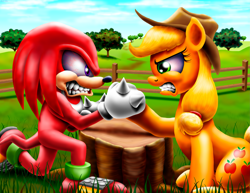 Size: 2795x2160 | Tagged: safe, artist:jac59col, applejack, earth pony, echidna, mobian, pony, anthro, g4, angry, apple orchard, arm wrestling, competition, crossover, female, gritted teeth, knuckles the echidna, male, mare, orchard, red eyes, sonic the hedgehog (series), teeth, tree stump