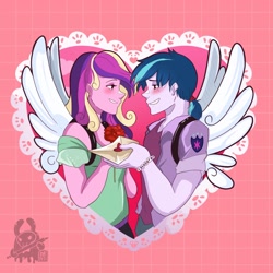 Size: 2048x2048 | Tagged: safe, artist:inkrred, princess cadance, shining armor, human, equestria girls, g4, blushing, bracelet, duo, duo male and female, female, flower, friendship bracelet, grin, heart, holiday, jewelry, letter, looking at each other, looking at someone, male, ship:shiningcadance, shipping, smiling, smiling at each other, straight, valentine, valentine's day, wings, ych example, your character here