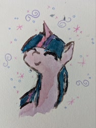 Size: 1551x2048 | Tagged: safe, artist:manicpanda, twilight sparkle, pony, unicorn, g4, bust, cute, eyes closed, female, horn, mare, smiling, solo, traditional art, twiabetes, unicorn twilight, watercolor painting