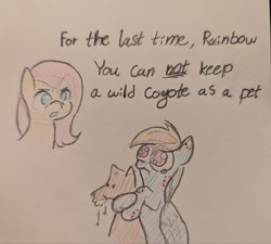 Size: 2048x1841 | Tagged: safe, artist:manicpanda, fluttershy, rainbow dash, coyote, pegasus, pony, g4, big eyes, bite mark, colored pencil drawing, cute, dialogue, duo, duo female, female, foaming at the mouth, frown, mare, rainbow dumb, sad, sadorable, teary eyes, traditional art, wavy mouth