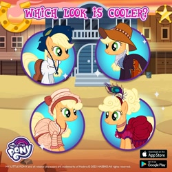 Size: 1080x1080 | Tagged: safe, gameloft, applejack, earth pony, pony, g4, alternate hairstyle, clothes, dress, female, game screencap, hat, mare, saloon dress, screenshots, solo