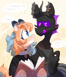 Size: 4000x4600 | Tagged: safe, artist:pakmur, oc, oc only, oc:pookie, oc:rosie, changeling, earth pony, pony, abstract background, book, collar, commission, duo, looking at each other, looking at someone, purple changeling, ych result