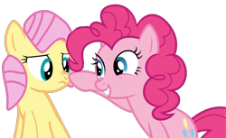 Size: 1861x1138 | Tagged: safe, artist:jadeharmony, fluttershy, pinkie pie, earth pony, pegasus, pony, g4, alternate hairstyle, base used, boop, cute, diapinkes, duo, female, grin, lesbian, looking at each other, looking at someone, mare, ship:flutterpie, shipping, shyabetes, smiling