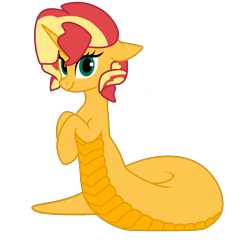 Size: 1598x1598 | Tagged: safe, artist:jadeharmony, sunset shimmer, lamia, pony, unicorn, g4, alternate hairstyle, base used, cute, female, horn, lamiafied, mare, smiling, solo, species swap