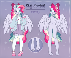 Size: 3050x2500 | Tagged: safe, artist:skysorbett, oc, oc only, oc:sky sorbet, pegasus, anthro, bow, breasts, clothes, featureless breasts, feet, gradient background, hair bow, hooves, reference sheet, wings