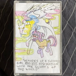 Size: 2048x2048 | Tagged: safe, artist:doefriends, princess celestia, twilight sparkle, alicorn, pony, unicorn, g4, clothes, duo, female, lyrics, mare, mixtape, sogreatandpowerful, sorceress girl, sweater, text, traditional art, unicorn twilight