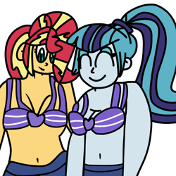 Size: 1100x1100 | Tagged: safe, artist:jadeharmony, sonata dusk, sunset shimmer, human, equestria girls, g4, ^^, bikini, bra, clothes, cute, duo, eyes closed, eyeshadow, female, makeup, ponytail, smiling, sonatabetes, swimsuit, underwear