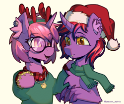 Size: 2897x2426 | Tagged: safe, artist:cherry_kotya, oc, oc only, oc:lina phantom, oc:soules phantom, pony, unicorn, bust, christmas, clothes, ear fluff, glasses, hat, holiday, horn, looking at each other, looking at someone, portrait, round glasses, santa hat, scarf, simple background, smiling, smiling at each other, sweater