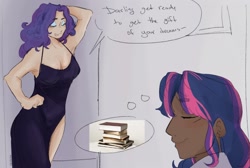 Size: 2046x1378 | Tagged: safe, artist:killektric, rarity, twilight sparkle, human, g4, book, breasts, clothes, dark skin, dress, duo, duo female, eyes closed, eyeshadow, female, grin, humanized, lesbian, makeup, meme, night dress, oblivious, ship:rarilight, shipping, smiling, stock image, thought bubble