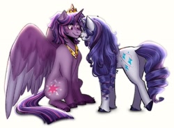 Size: 2300x1700 | Tagged: safe, artist:slapearl, rarity, twilight sparkle, alicorn, pony, g4, alternate cutie mark, alternate hairstyle, blushing, crown, cute, duo, duo female, eyeshadow, female, jewelry, lesbian, lipstick, looking at each other, looking at someone, makeup, mare, markings, raribetes, redesign, regalia, ship:rarilight, shipping, simple background, sitting, twiabetes, twilight sparkle (alicorn), unshorn fetlocks, white background