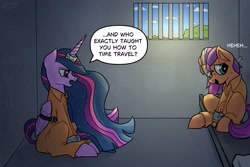 Size: 2048x1365 | Tagged: safe, artist:simpledoggo, sunny starscout, twilight sparkle, g5, clothes, commissioner:rainbowdash69, jail, never doubt rainbowdash69's involvement, prison, prison outfit, prisoner, prisoner ss, prisoner ts