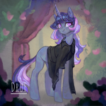 Size: 3440x3440 | Tagged: safe, artist:druf, artist:druf_draws, oc, oc only, oc:flawless sparklemoon, unicorn, clothes, curtains, digital art, flower, full body, fusion, fusion:trixie, fusion:twilight sparkle, fusion:twixie, garden, horn, looking at you, signature, smiling, solo