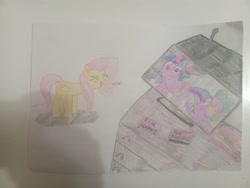 Size: 4096x3072 | Tagged: safe, artist:victoric1993, fluttershy, spike, twilight sparkle, dragon, pegasus, pony, g4, lesson zero, my little pony: friendship is magic, season 1, season 2, sonic rainboom (episode), box, butt, confused, drawer, eyes closed, female, folded wings, golden oaks library, horn, laughing, male, mare, simple background, television, traditional art, twibutt, vcr, vhs, wings, yay