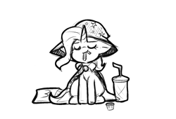 Size: 1294x881 | Tagged: safe, artist:zutcha, trixie, pony, unicorn, g4, drink, eating, eyes closed, female, floppy ears, food, french fries, grayscale, horn, mare, monochrome, open mouth, simple background, sitting, sketch, smiling, solo, white background