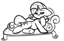 Size: 1396x896 | Tagged: safe, artist:zutcha, rarity, pony, unicorn, g4, black and white, eyes closed, fainting couch, female, floppy ears, frog (hoof), grayscale, horn, lying down, mare, monochrome, on side, simple background, sketch, smiling, solo, underhoof, white background