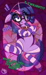 Size: 2690x4387 | Tagged: safe, artist:nevobaster, sci-twi, twilight sparkle, pony, unicorn, g4, belly, book, bookhorse, clothes, cute, female, glasses, horn, hug, legs in air, looking at you, mare, meganekko, socks, solo, striped socks, surprised, unicorn twilight