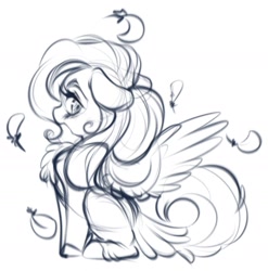 Size: 1862x1884 | Tagged: safe, artist:cabbage-arts, pegasus, pony, chest fluff, looking back, losing feathers, open mouth, sitting, sketch, spread wings, tail, wings