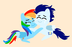 Size: 1935x1285 | Tagged: safe, anonymous artist, derpibooru exclusive, rainbow dash, soarin', pegasus, pony, series:soarindash pregnancy, series:soarindash romantic tales, g4, crying, eyes closed, female, hug, male, mare, pointy ponies, preggo dash, pregnant, ship:soarindash, shipping, stallion, straight, tears of joy