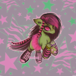 Size: 1500x1500 | Tagged: safe, artist:lompyloops, oc, oc only, earth pony, pony, abstract background, arm warmers, bow, clothes, female, hair bow, mare, scene, shoes, skirt, sneakers, solo