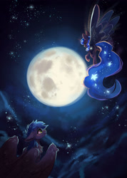 Size: 2386x3349 | Tagged: safe, artist:polnocnykot, princess luna, oc, alicorn, pegasus, pony, g4, duo, female, flying, full moon, mare, moon, night