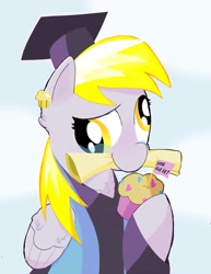 Size: 1275x1650 | Tagged: safe, artist:caralowhigh, derpy hooves, pegasus, pony, g4, bust, clothes, crying, diploma, female, food, graduation cap, hat, mare, mouth hold, muffin, robes, smiling, solo, tears of joy