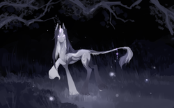 Size: 2358x1470 | Tagged: safe, artist:vimshnya, oc, oc only, pony, unicorn, blank eyes, horn, jewelry, leonine tail, night, tail, tail jewelry, unshorn fetlocks