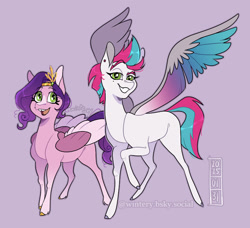 Size: 907x827 | Tagged: safe, artist:wintery, pipp petals, zipp storm, pegasus, pony, g5, colored wings, duo, duo female, female, grin, height difference, lidded eyes, looking at you, mare, multicolored wings, open mouth, open smile, purple background, royal sisters (g5), siblings, simple background, sisters, smiling, smiling at you, spread wings, wings