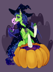 Size: 1212x1625 | Tagged: safe, artist:vimshnya, oc, oc only, bat pony, frog, pony, bottle, cape, clothes, hat, potion, pumpkin, solo, wing hold, wings, witch, witch hat