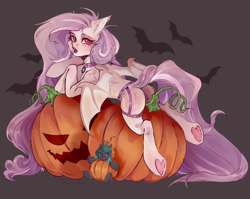 Size: 2700x2148 | Tagged: safe, artist:vimshnya, fluttershy, queen chrysalis, bat, bat pony, pony, unicorn, g4, bat ponified, blushing, butt, collar, duo, female, flutterbat, frog (hoof), garter belt, garter straps, halloween, holiday, horn, jack-o-lantern, looking at you, looking back, looking back at you, mare, plot, pumpkin, race swap, size difference, underhoof