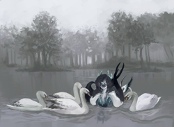 Size: 2160x1578 | Tagged: safe, artist:vimshnya, oc, oc only, bird, pegasus, pony, swan, behaving like a bird, female, lake, mare, solo, swimming, water