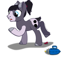 Size: 1290x1195 | Tagged: safe, artist:hazel bloons, oc, oc only, oc:eden, goat, 2024, cutie mark, hair tie, heterochromia, horns, open mouth, ponytail, raised hoof, ray gun, shocked, simple background, solo, transformation, transparent background