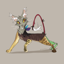 Size: 2369x2365 | Tagged: safe, artist:graypillow, discord, cat, g4, amputee, catified, full body, prosthetic leg, prosthetic limb, prosthetics, red eyes, simple background, solo, species swap