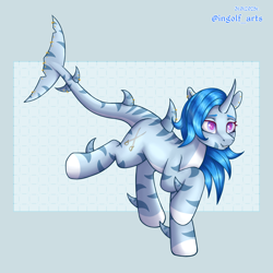 Size: 2250x2250 | Tagged: safe, artist:ingolf arts, oc, oc only, oc:pearl wave, original species, pony, shark, shark pony, digital art, ear piercing, earring, female, fish tail, high res, horn, jewelry, mare, piercing, simple background, smiling, solo, tail