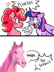 Size: 1535x2048 | Tagged: safe, artist:anxietymonstrr, pinkie pie, twilight sparkle, alicorn, earth pony, g4, 2 panel comic, comic, duo, duo female, female, females only, horn, speech bubble, text, too serious, wings