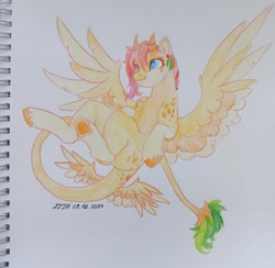 Size: 1278x1248 | Tagged: safe, artist:jjsh, oc, oc only, pegasus, pony, female, flying, horns, leonine tail, long tail, mare, pencil drawing, sketchbook, solo, spots, spread wings, tail, tail wings, traditional art, unshorn fetlocks, wings