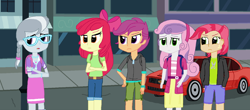 Size: 1600x706 | Tagged: safe, artist:thomaszoey3000, apple bloom, babs seed, scootaloo, silver spoon, sweetie belle, human, fanfic:sweetie belle's big adventure, equestria girls, g4, accessory, bow, building, car, clothes, disappointed, glasses, hair bow, headband, implied diamond tiara, jewelry, necklace, sidewalk, street, street lamp