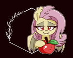 Size: 1826x1444 | Tagged: safe, artist:lou, fluttershy, bat pony, pony, g4, apple, bat ponified, female, flutterbat, food, front view, looking at you, mare, race swap, solo